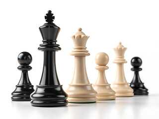 A close up shot of a chess set featuring the king queen and pawns on a white surface in soft lighting