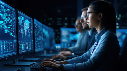 A focused individual analyzing data on multiple screens, surrounded by colleagues in a high-tech environment.