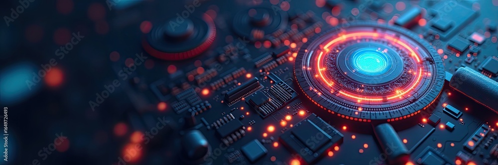 Poster close-up view of a circuit board with glowing components.
