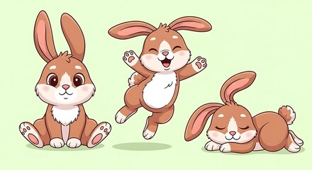 Fototapeta premium Three Cute Cartoon Rabbits in Different Poses