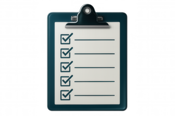 Professional clipboard showing completed checklist in crisp 3d rendering, transparent background highlighting project management workflow