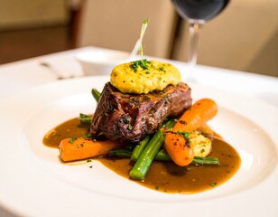 A succulent dish of roasted prime rib, tender vegetables, and rich sauce, elegantly plated for a fine dining experience