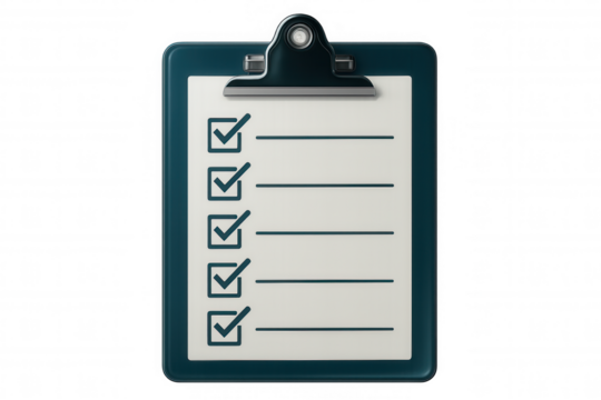 Professional clipboard showing completed checklist in crisp 3d rendering, transparent background highlighting project management workflow - Powered by Adobe