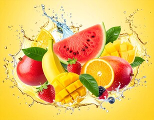 Fresh looking of tropical fruits in fun display with splashes of water and yellow background