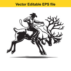 Fototapeta premium Cowboy riding a reindeer with large antlers, isolated on white background