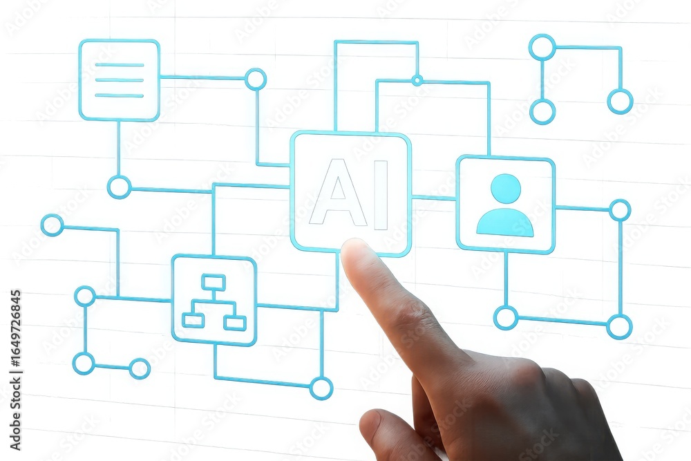 Poster human finger touching a digital network diagram with interconnected nodes and data flow on a white b
