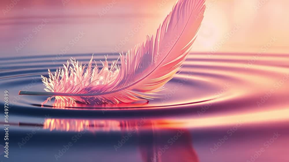 Poster soft pink feather floating on tranquil water surface during sunset with gentle ripples creating sere