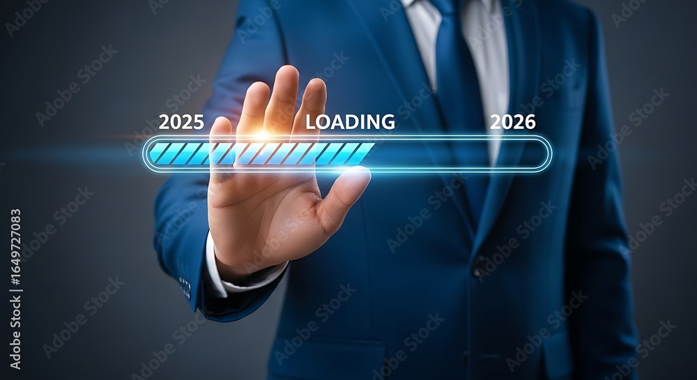 Poster businessman touching a futuristic loading bar progressing from 2025 to 2026, representing future pla