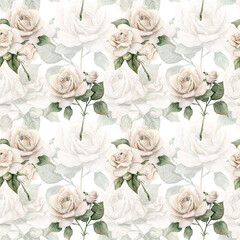 White rose on stem with bud and leaves garden flower Watercolor hand painted floral seamless pattern on white background