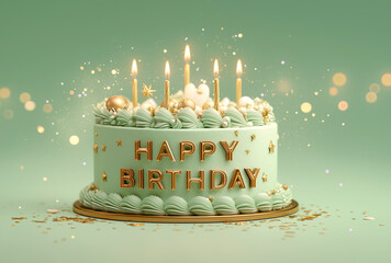 A beautiful birthday cake with the words HAPPY BIRTHDAY written in golden letters on top, adorned with candles and sprinkles of multicolored dots, cake, 