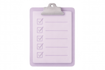 Purple clipboard with check marks on a transparent background, ideal for projects related to task management, productivity, and organization