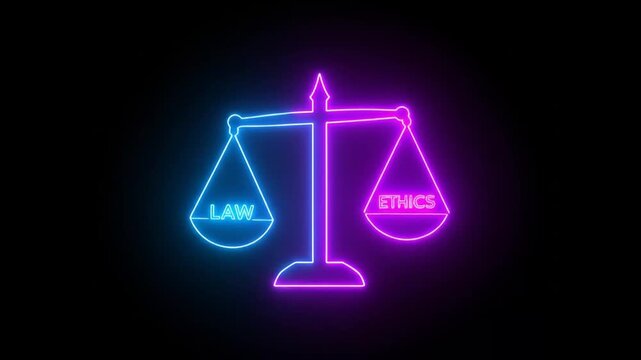 Law and Ethics: Neon Scales of Justice Concept
