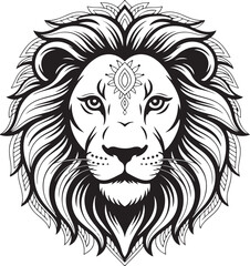 Obraz premium Detailed Black And White Lion Head With Ornate Mane And Forehead Jewel vector illustration