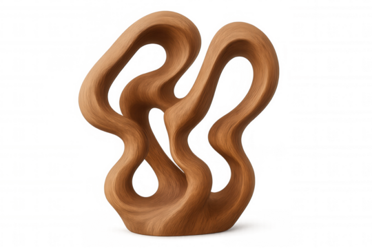 Wooden sculpture with curved and organic shapes representing abstract art, isolated on transparent background