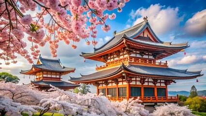Photo of a picturesque japanese temple surrounded by blooming cherry blossoms in spring, showcasing the beauty of traditional architecture and the serene landscape, inviting cultural exploration and t
