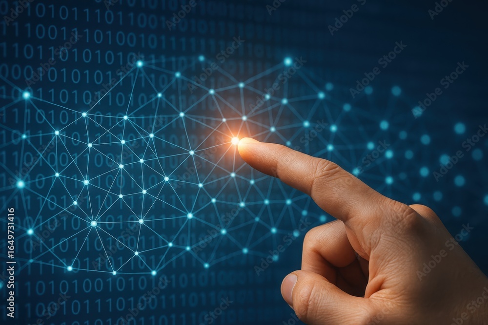 Poster human finger touching a glowing network of digital connections and binary code on a dark blue backgr