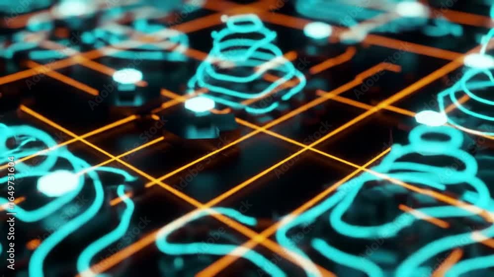 Aufkleber abstract neon network background with geometric grid pattern in orange and blue