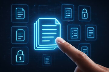 Finger touching glowing digital document icons on a dark screen representing data management and organization