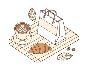 Aesthetic coffee and croissant breakfast illustration with shopping bag and coffee beans on a white background ideal for social media posts