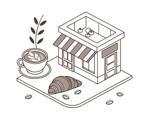 Isometric Coffee Shop with Croissant and Coffee Art Design for Business Branding and Menu Illustration