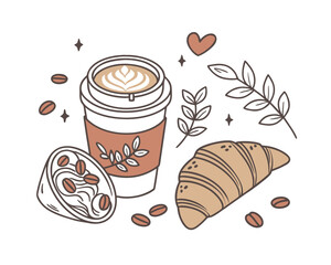 Aesthetic coffee cup with latte art accompanied by a croissant and coffee beans in a stylish illustration format