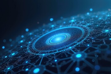 Complex digital network design with glowing blue elements.