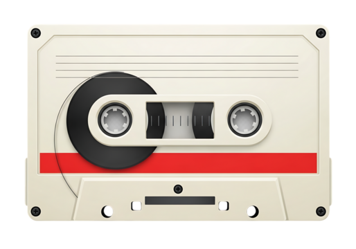 A close up view of a vintage audio cassette tape with a red stripe and visible tape reels design on transparent background