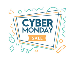 Cyber Monday Sale Modern Graphic Design with Shopping Cart and Geometric Shapes Discount Promotion Advertising Banner Template for Online Retailers