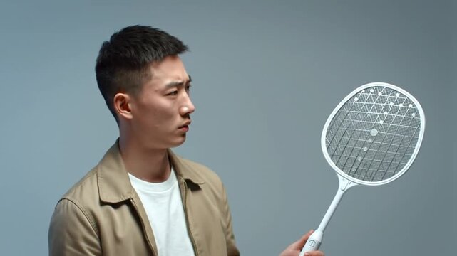 Asian Man in Tan Jacket Holding Electric Bug Zapper Against Gray Background