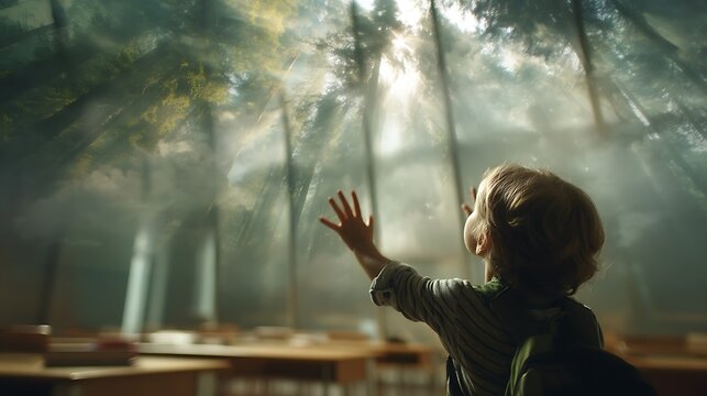 A child reaching out from a dream-like forest into a clear modern classroom, blurred fantasy background blending into crisp reality, metaphor for aspiration and progress,  - Powered by Adobe