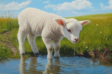Obraz premium Adorable fluffy lamb drinks from a shallow stream on a sunny day