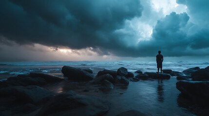 Storm clouds gathering over a wild sea, silhouette of a person standing firmly on wet rocks, defying nature, monsoon season drama, cinematic color grading, 