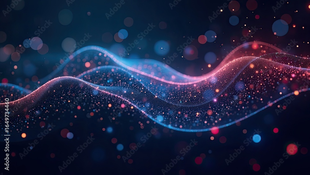 Poster abstract digital wave pattern with glowing particles.