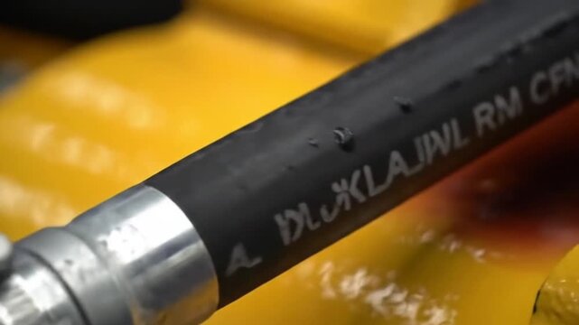Close Up of a Black Rubber Hose Secured with Metal Clamp Against Yellow Background