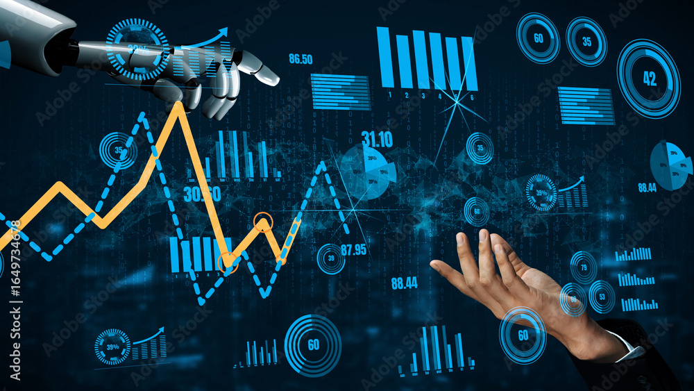 Poster futuristic interaction between a robot hand and digital data analytics displays, capturing the essen