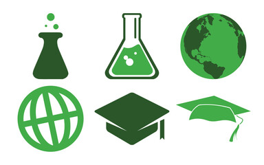 Vector art of set of six green icons symbolizing science, education, and global concepts, featuring laboratory flasks, a globe, and a graduation cap, isolated on white background