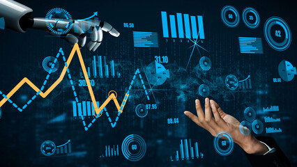 Futuristic interaction between a robot hand and digital data analytics displays, capturing the essence of technology and innovation in business and finance sectors. Xenic