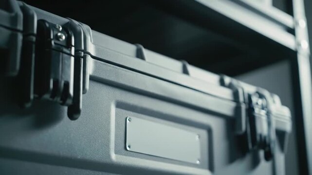 Closed Gray Industrial Plastic Case with Metal Hinges on Shelves in Dim Lighting