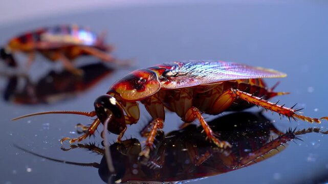 Closeup of Two Brown Cockroaches on a Dark Shiny Surface with Detailed Legs and Antennae