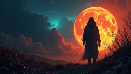 Obraz premium A solitary figure stands under a large, fiery moon.