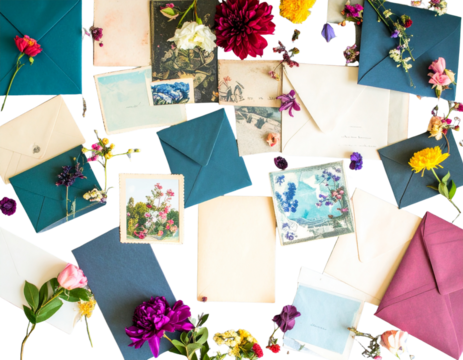 Illustrations of envelopes, postcards, and flowers for various communication themes 