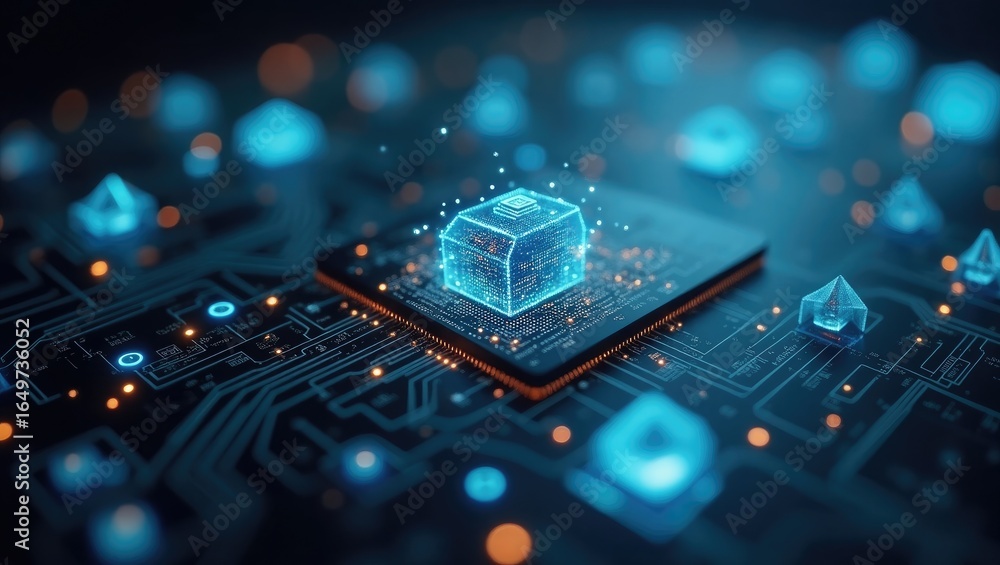 Poster digital illustration of a computer chip on a circuit board.
