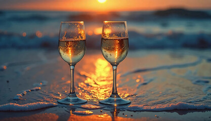 Two glasses of sparkling wine illuminated by the setting sun.
Two glasses filled with sparkling wine stand on the wet sand, gently washed by the waves, sparkling in the rays of the sunset.