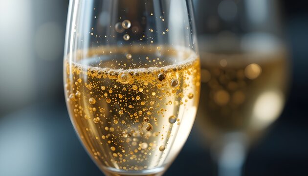 Close-up of crystal champagne glass with golden bubbles