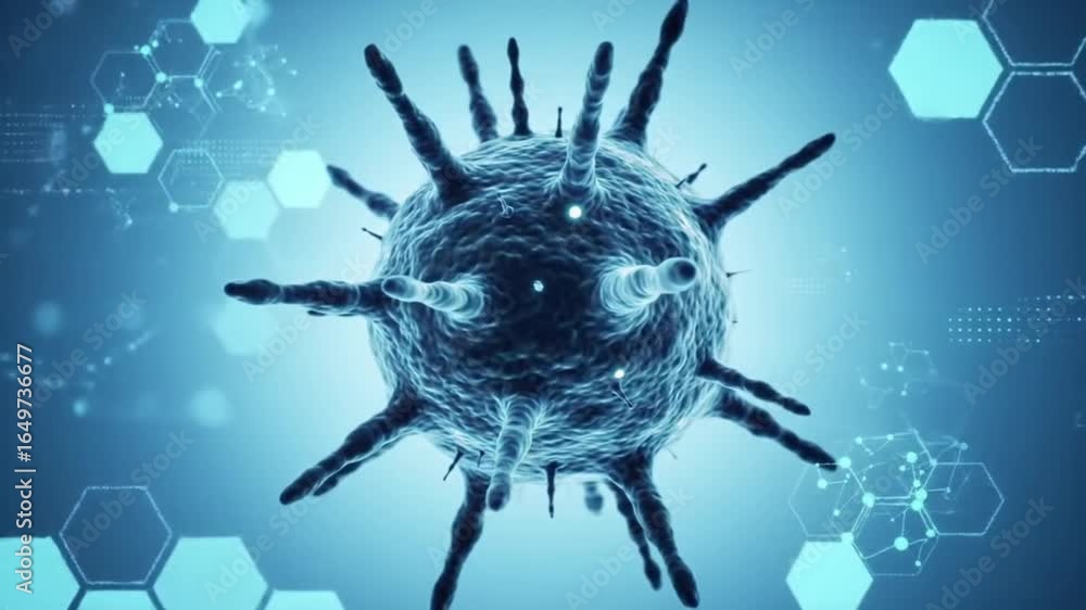 Poster detailed virus structure in blue tones with hexagonal patterns background