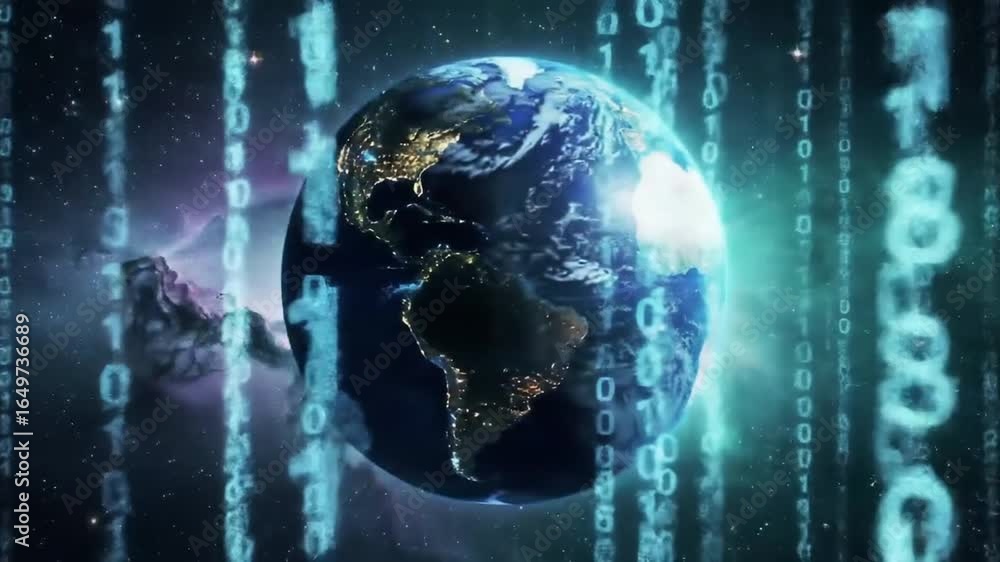 Poster digital data binary code with floating globe in space visualization