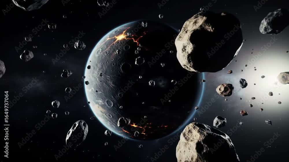 Poster dramatic space scene featuring asteroids orbiting a distant planet with cosmic light
