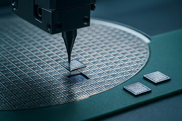 Close up semiconductor wafer with microchip fabrication process, precision robotic arm placing silicon chip for advanced electronics manufacturing, integrated circuit production technology, AI computi
