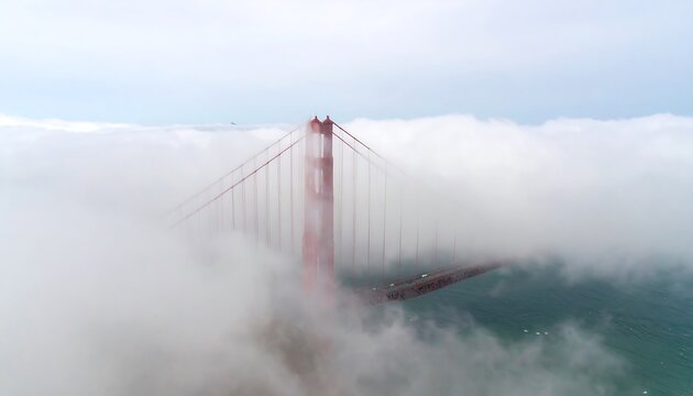 Golden Gate Bridge shrouded in a thick fog.