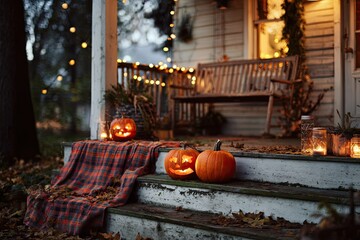 Obraz premium Cozy front porch decorated for Halloween with carved pumpkins and warm lights in the evening